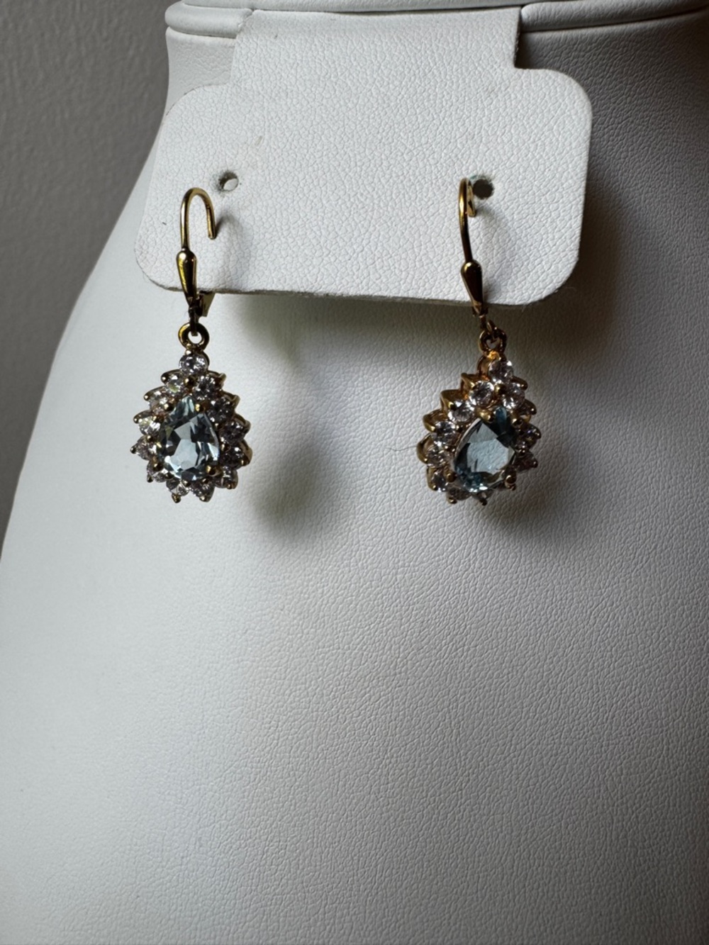 Christian Lacroix Light Blue Teardrop Gemstone Halo Dangle Earrings 925 Silver